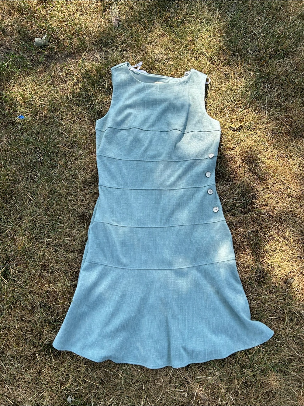Studio Sleeveless Pale Blue A-Line Dress with Side Button Accents